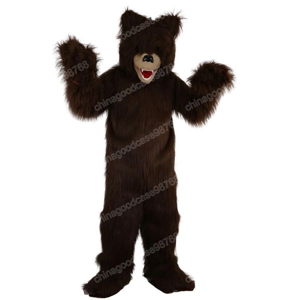 Costume della mascotte dell'orso bruno dai capelli lunghi Costume di Halloween Vestito da festa di Natale Vestito da personaggio dei cartoni animati Vestito da carnevale Unisex per adulti