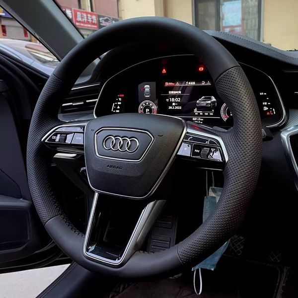 

for audi a4l a3 q2l q3 a5 a7 a6l 2022 diy steering wheel cover black leather hand sewn handle cover
