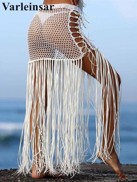 

2022 knitted tassel bikini bottom beach cover ups beach dress beach wear women tie up hallow out bather bathing suit v2366, White;black