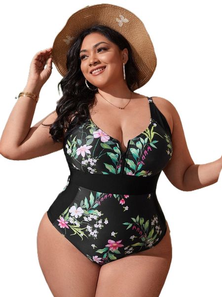 

plus floral zip front one piece swimsuit m60e#, White;black