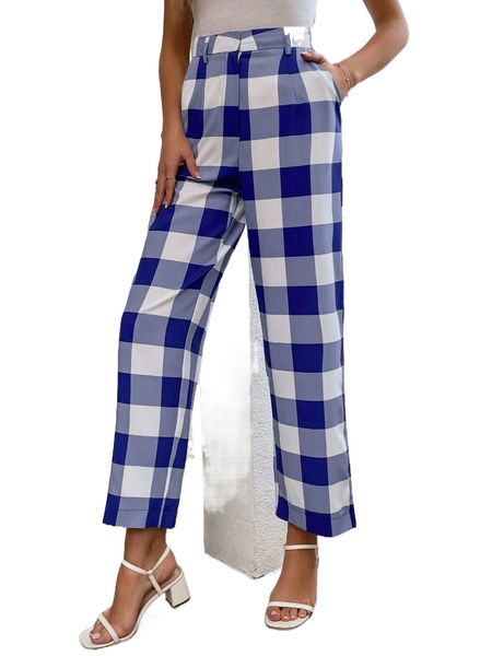 

buffalo plaid print slant pocket pants without belt m2c1#, Black;white