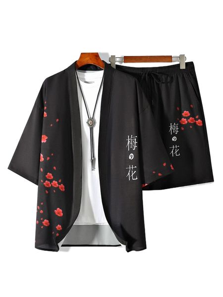 

men floral & letter graphic kimono & shorts without tee t3op#, Gray