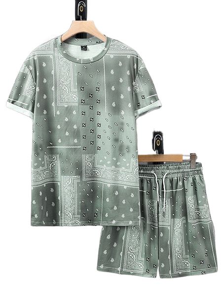 

men paisley print tee & drawstring waist shorts l5n8#, Gray
