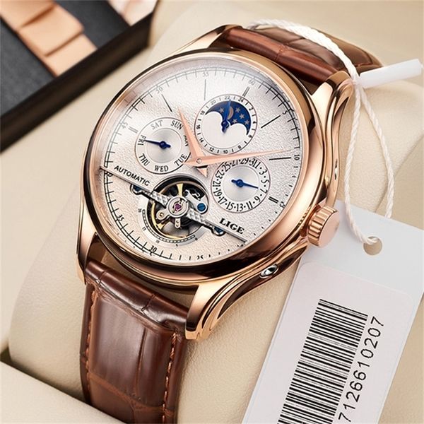 LIGE Marke Männer Uhren Automatische Mechanische Uhr Sport Uhr Leder Casual Business Retro Armbanduhr Uhren Hombre 220423