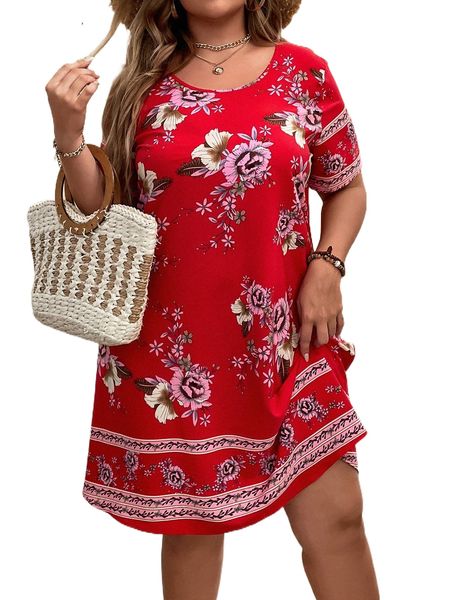 

plus floral print tunic dress k3ct#, Black