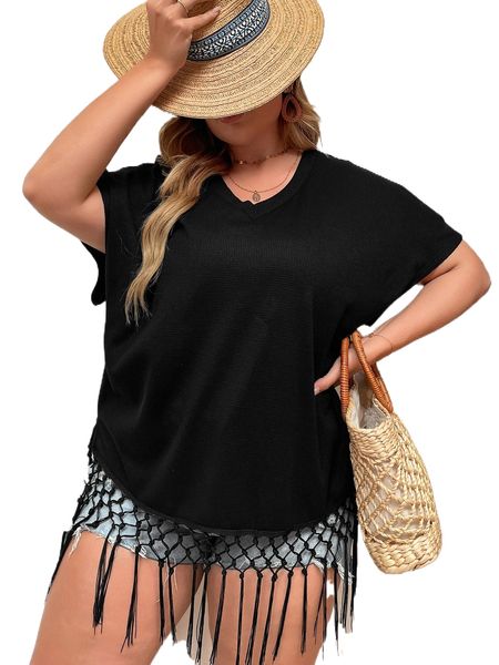 

plus fringe batwing sleeve tee k0fl#, Black