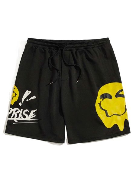 

men letter & expression print drawstring waist shorts y3nb#, White;black