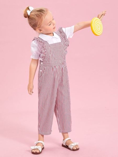 

toddler girls striped ruffle trim pinafore jumpsuit she, Blue