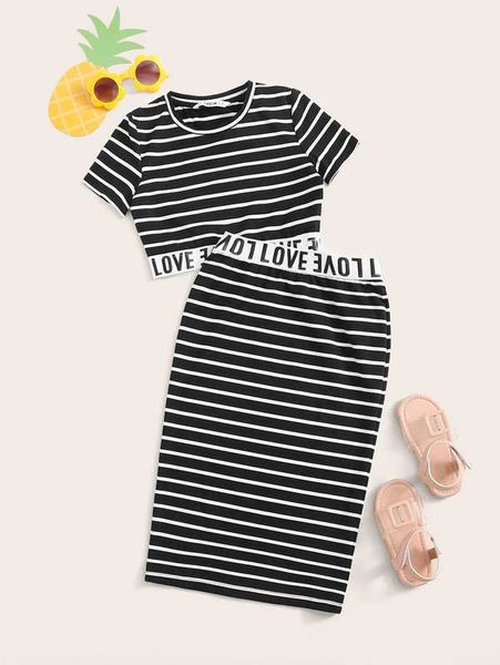 

girls striped letter tape detail crop & skirt set she, White