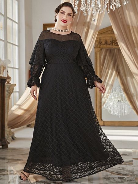 

plus mesh insert flounce sleeve lace maxi dress 17ad#, Black