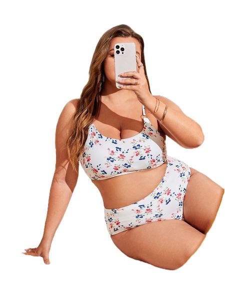 

plus floral print o-ring detail high waist bikini swimsuit i1gg#, White;black