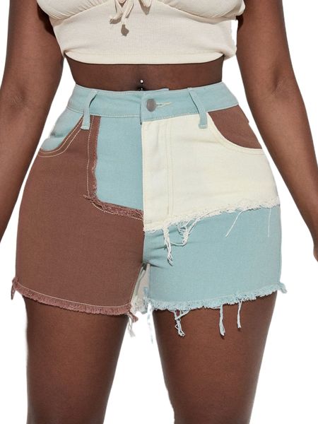 

sxy colorblock raw hem denim shorts r4zf#, White;black