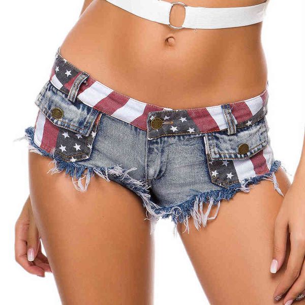 

856# women's jeans shorts pants low waist hole national flag nightclub wear, Blue