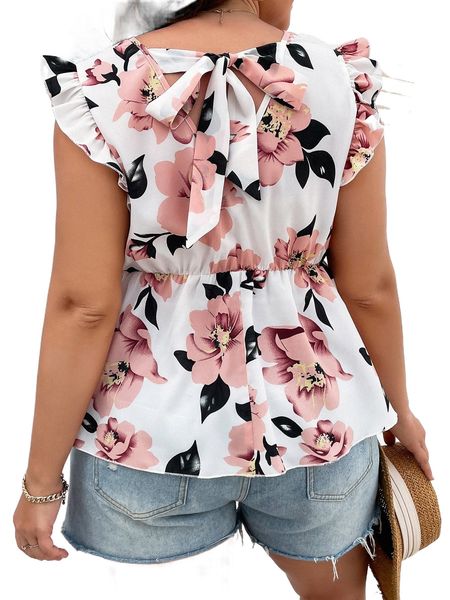 

plus floral print butterfly sleeve tie back peplum blouse y98l#, Black