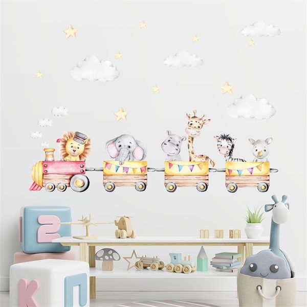 Cartoon Lion Elephant Animal Train Vinil Wall Sticker Berçário Decalques de parede Decals de parede de parede de parede de crianças Decoração de casa Interior Decoração de casa 220613