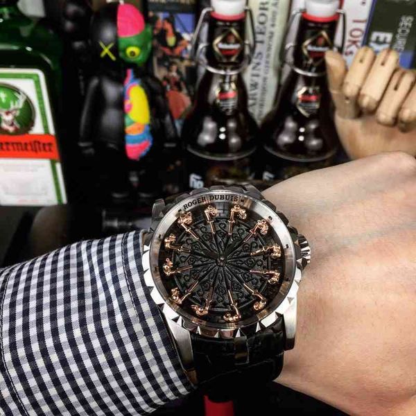 

roge dubui knight round table, watch size 45mm x 15.7mm. sapphire glass swiss automatic machine movement imported cowhide watchband ber8, Slivery;brown