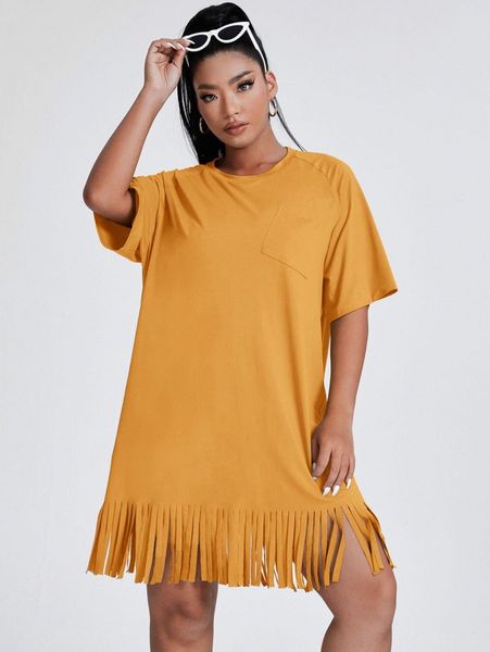 

plus solid fringe hem tee dress n7m7#, Black