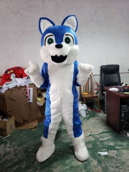 Costume da bambola mascotte Halloween Pelliccia lunga Blu Husky Wolf Dog Fursuit Costume mascotte Abiti Fox Party Game Fancy Dress Taglia per adulti Natale