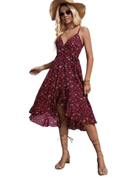 

ditsy floral print knot side ruffle trim wrap cami dress a5su#, Black;gray