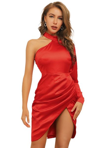 

one shoulder gigot sleeve satin prom dress u8em#, Black;gray