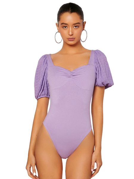 

puff sleeve ruched bustier bodysuit n3l8#, White