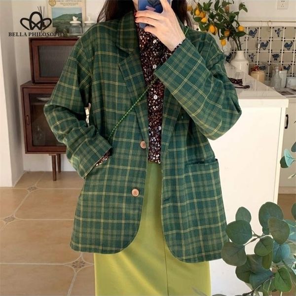 

bella winter women green plaid blazer office lady single breasted outwear female notch collar loose jackets y201026, White;black
