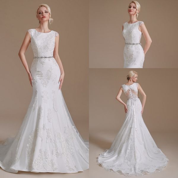 

sheer cap sleeves lace mermaid wedding dresses tulle applique beaded sash sweep train bridal gowns vestidos de novia cps1997, White