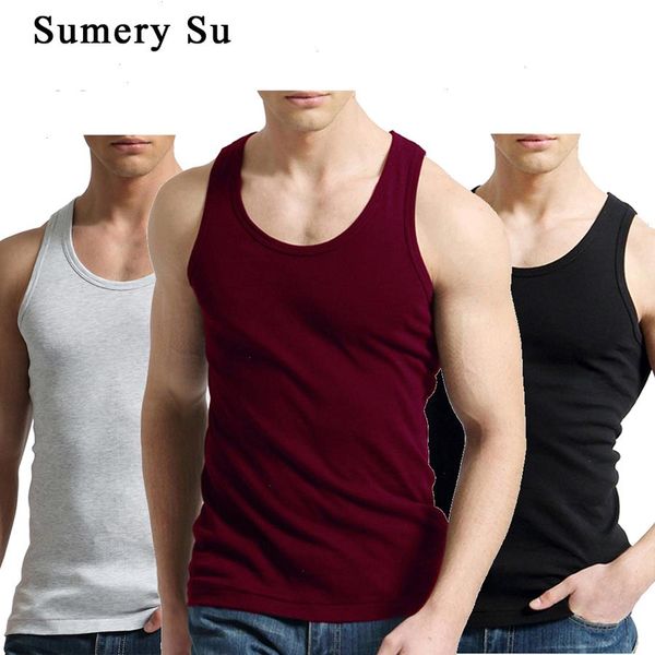 

tank men fitness cool summer 100 cotton vest male sleeveless gym slim casual undershirt mens 7 colors 1pcs, White;black