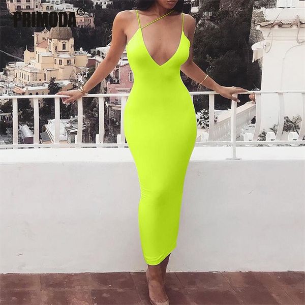 Neon New Sexy Lady Night Club Midi Estate Donna Elegante Party Fluorescente Backless Cinturino per spaghetti Vestito aderente PR272G T200623