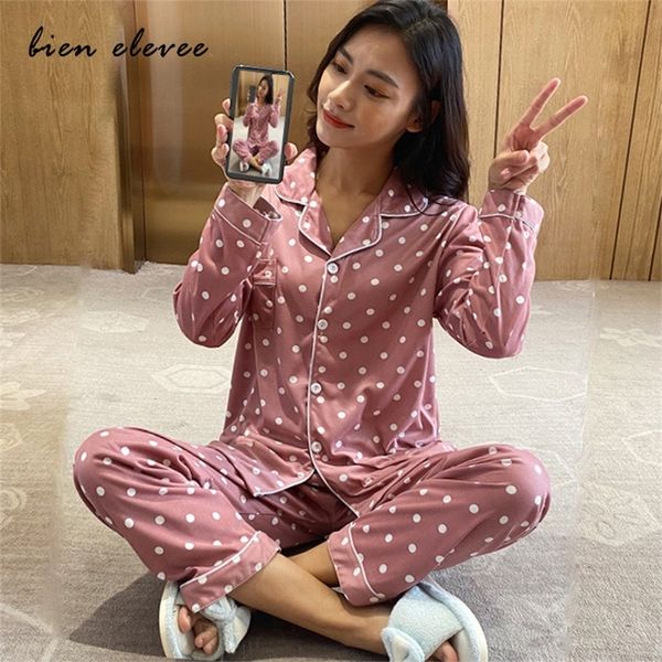 Sleepwear mulheres pijamas conjuntos de manga comprida casa wear wear terno para mulheres dois pedaço conjunto feminino pijama botão pijama roupas bolinhas 220421