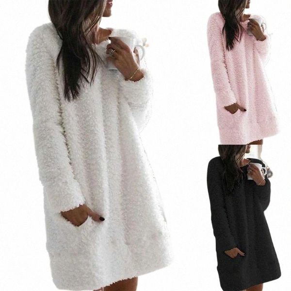 

women's sweaters winter plush short dress ladies fashion warm pockets loose o-neck sweater women casual evening party vestido de fest o, White;black