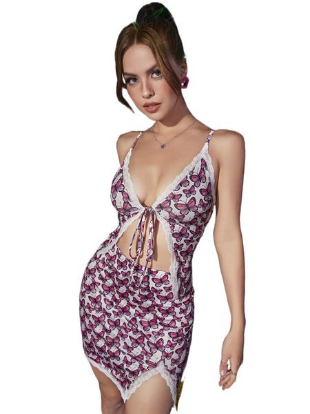 

butterfly print lace trim knot front cami & split hem skirt b7j9#, White