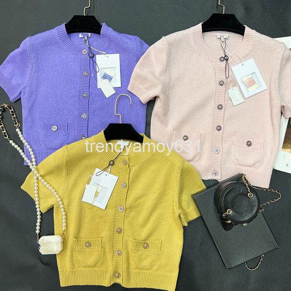 

women's knits & tees 22 spring and summer series fashion temperament tricolor sweater solid color round neck single breasted pocket ela, White