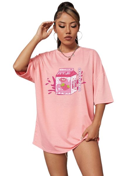 

japanese letter & milk print drop shoulder tee o9xs#, White
