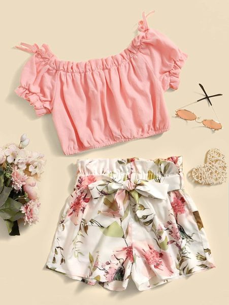 

girls puff sleeve & floral print paper bag waist belted shorts she, White