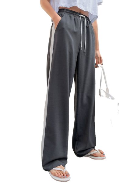 

dazy contrast side seam drawstring waist wide leg pants e7es#, Black;white