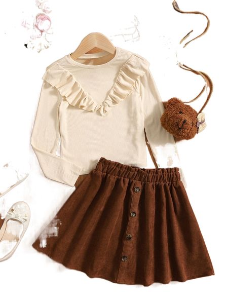 

girls ribbed knit ruffle trim & skirt h6bg#, Black;white