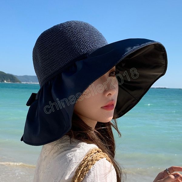 

anti uv women big wide brim bucket hat summer sweet bowknot hollow knit sunscreen hats folding outdoor panama caps, Blue;gray