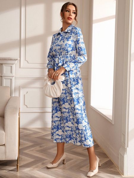 

floral print belted shirt dress n1mc#, Black;gray
