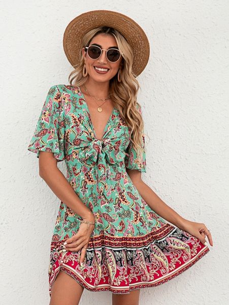 

paisley & floral print tie front flutter sleeve ruffle hem dress t1lv#, Black;gray
