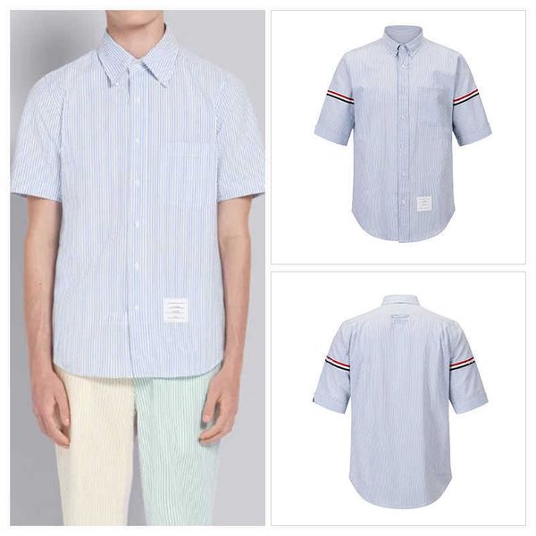 

tb thom men's shirt blue striped armband clothing summer casual oxford slim short sleeve korean fashion, White;black