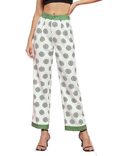 

x sabrine floral print contrast trim plicated detail pants l7bj#, Black;white