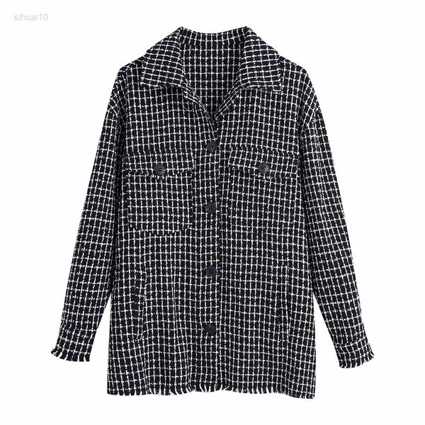

women straight tassel flannel plaid jackets fashion casual ladies loose jackets female autumn vintage jacket l220725, Black;brown