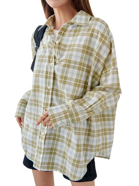 

dazy plaid print drop shoulder blouse k94d#, White