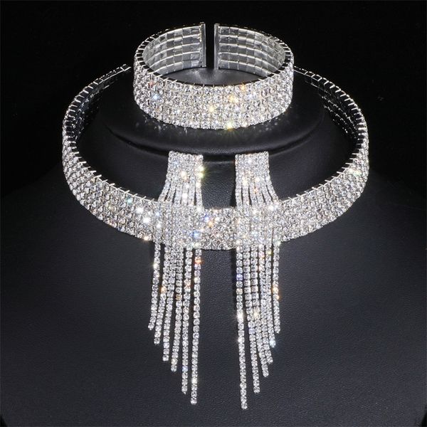 

classic elegant tassel crystal bridal jewelry african wedding necklace earrings bracelet sets wx081 220810, Slivery;golden