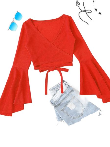 

bell sleeve self-tie crop m6bl#, White