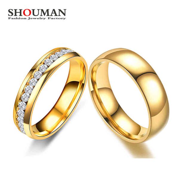 

shouman gold color lover crystal stainless steel rings for men women wedding band custom engrave name charm gift, Slivery;golden