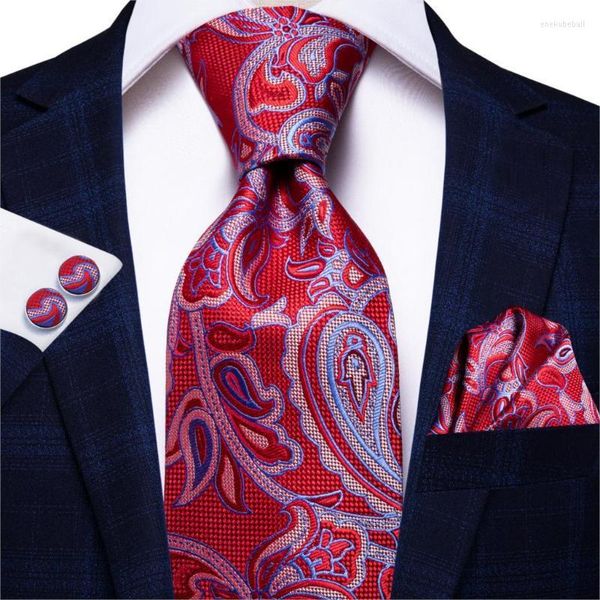 Papillon Hi-Tie 8,5 cm Large 100% seta Paisley Set di cravatte da uomo Red Jacquard Hanky Gemelli per uomo Designer Wedding Party CravattaBow Enek2