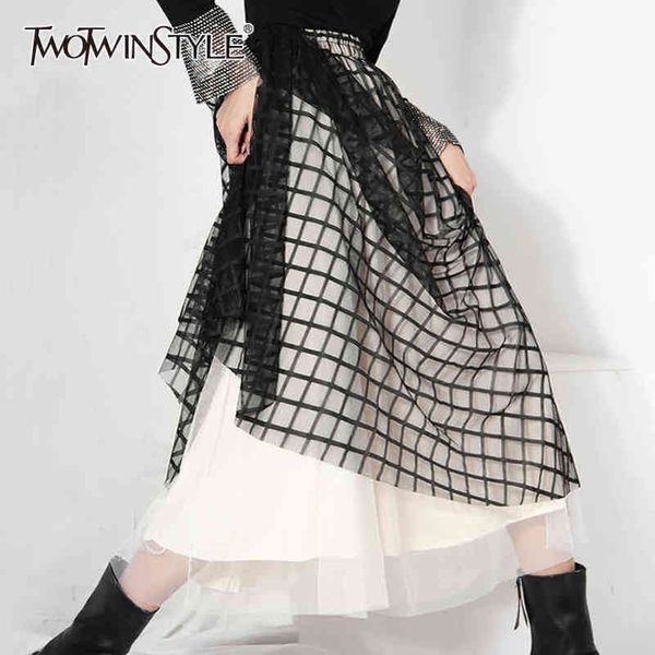 

plaid plus size skirt for women high waist hit color casual a line skirts female spring fashion clothing 210423, Black