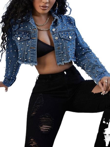 

sxy studded detail raw hem crop denim jacket s8zn#, Black;brown